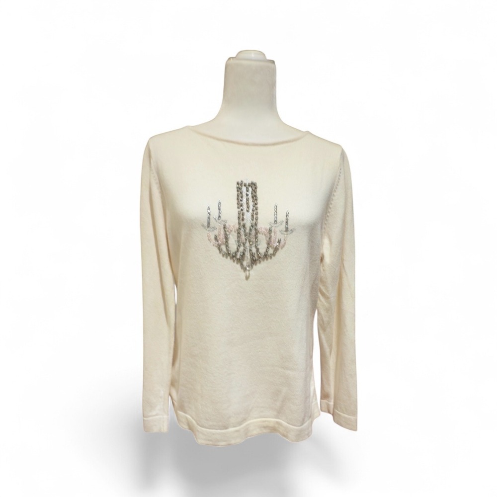 Vtg Susan‎ Bristol Y2K Rhinestone Chandelier Sweater Cream Cotton Cashmere PL